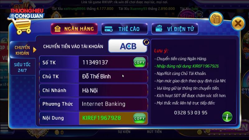 Nạp tiền vào tài khoản cược Rick88 qua chuyển khoản ngân hàng cực đơn giản